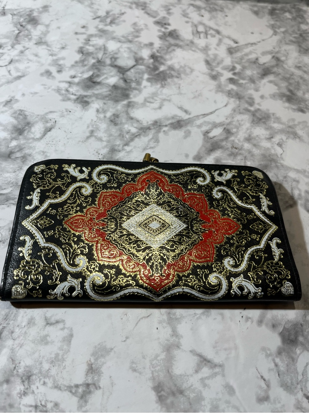 Vintage Black Embroidered Medallion Leather Wallet - Red & Gold Accent
